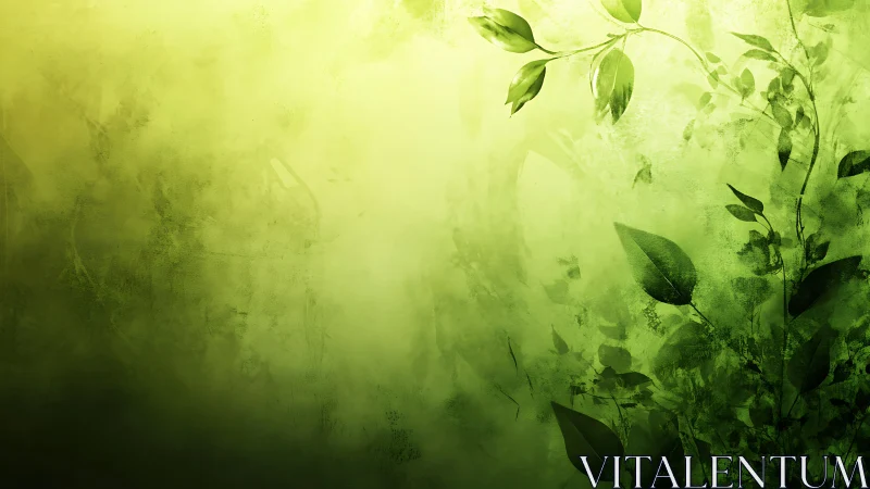 Green gradient background with abstract foliage forms.