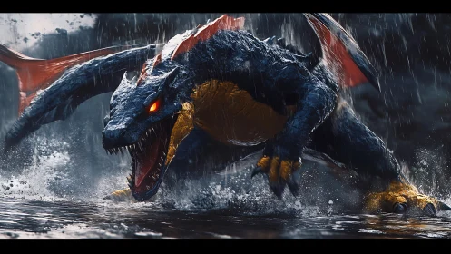 Ferocious dragon lunges through stormy river in attack stance.