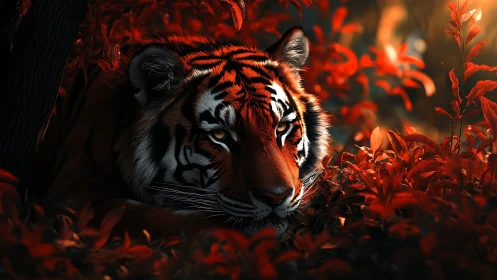 Cinematic digital tiger portrait in crimson forest understory.