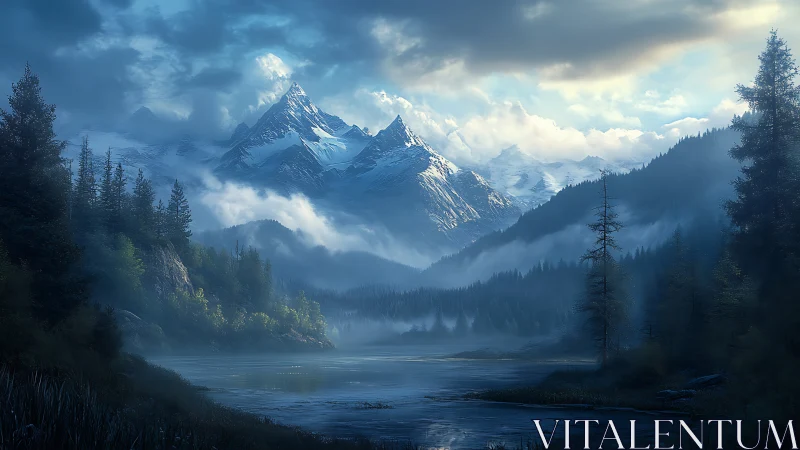 Mist-draped alpine peaks cradle a twilight glassy lake.