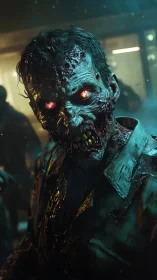 Cinematic 3D close-up of glowing-eyed urban zombie portrait.