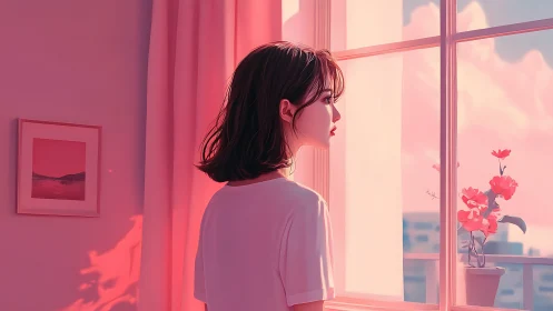 Side-lit girl at window under uniform pink atmospheric scattering