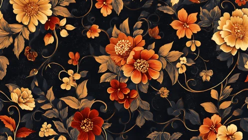 Ornate Floral Damask with Golden Dahlias and Cosmos on Deep Charcoal.