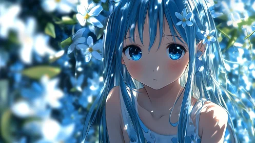 Specular blue haired anime girl amid high key floral bokeh.