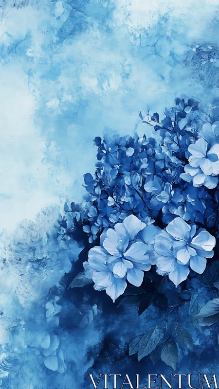 Blue Hydrangea Blooms Dissolve into Ethereal Watercolor Wash.