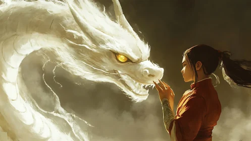 Woman touches luminous white dragon in dense swirling mist