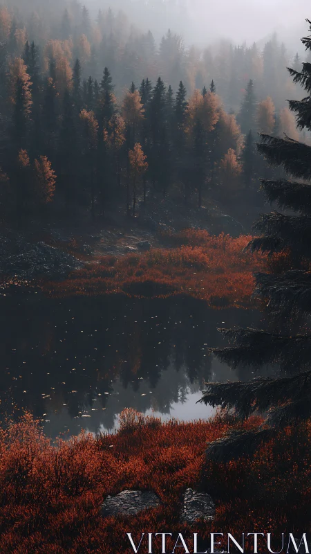 Dense autumn conifer forest reflects in still mountain lake under fog