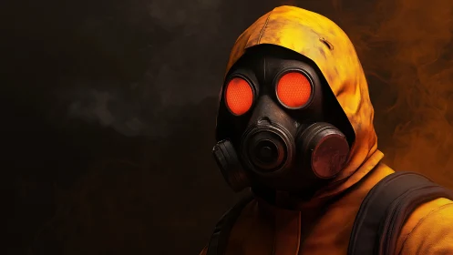 Figure in gas mask and yellow hazmat hood faces smoky void