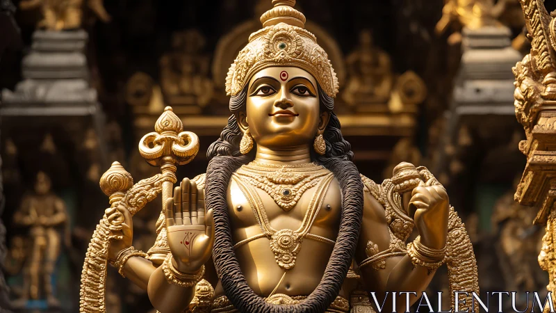 Gilded Hindu deity sculpture with intricate temple reliefs.