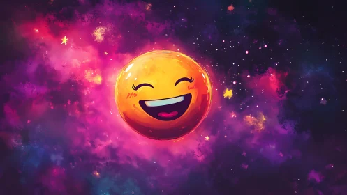 Smiling orange emoji floating in bright colorful galaxy.