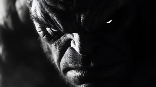 Shadowed powerhouse gazing out with intense glowing eyes.