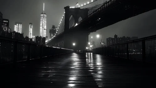 Noir urban bridgescape in high-contrast photorealistic night study.