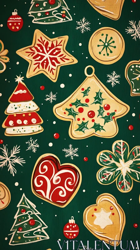 Patterned Christmas cookies on green background with stylized icing