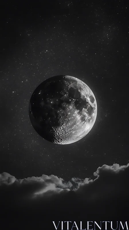 Lunar surface detail above cloud layer in monochrome night sky.