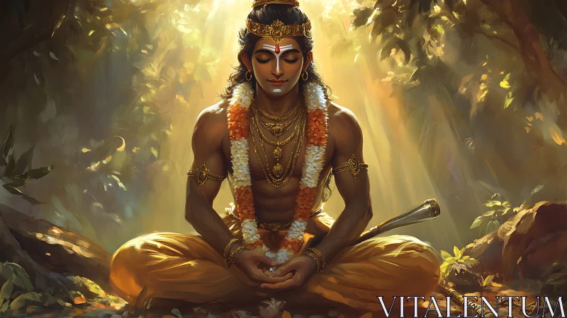 Meditating forest prince sits in golden light shafts