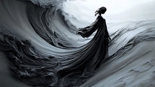 Shadowed figure walks through sculpted monochrome waves.