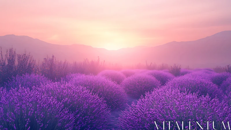 Lavender field under diffuse pink sunset light in valley.