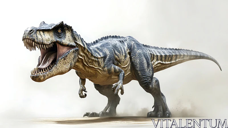 Roaring Tyrannosaurus rex charging across dusty plain.