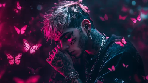 Tattooed dreamer sinks into neon night amid pink butterflies