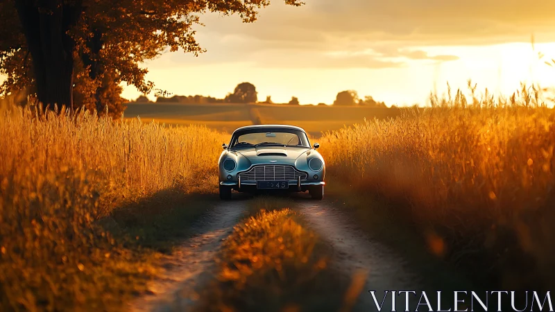 Classic silver coupe on narrow country dirt road at sunset.