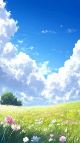 Wildflower meadow under towering summer clouds, sunlit.