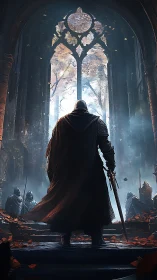 Armored figure before tall arched window in ruined hall.