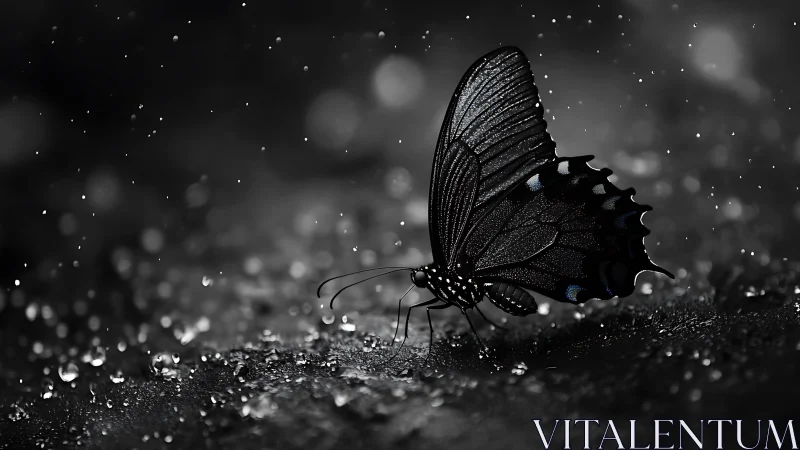 Midnight butterfly resting gently in a quiet silver rain.