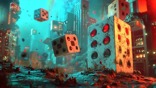 Gigantic city dice tumble through a neon-soaked twilight skyline