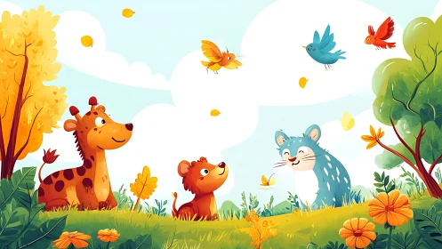 Sunny meadow critters trade skyward stories with bright birds.