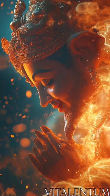 Fiery divine figure bows in prayer amid swirling embers