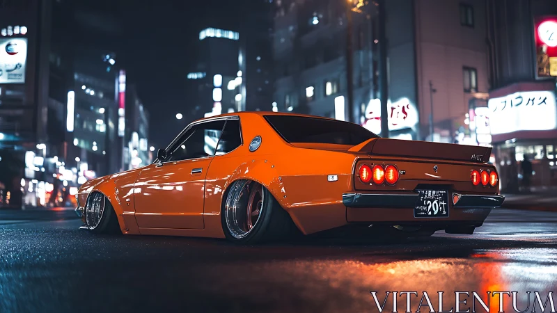 Low-slung orange classic car glows in neon city nightscape.