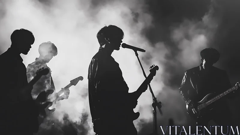 Silhouetted rock band surrounded by dramatic stage fog.