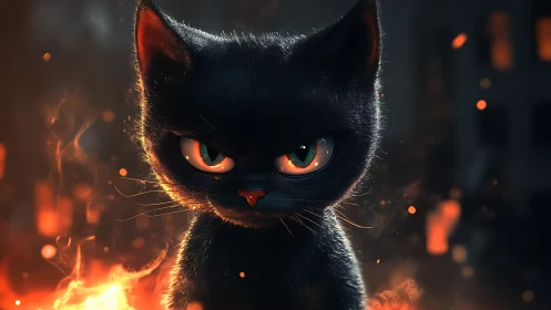 Intense black cat glares through embers in a fiery night scene