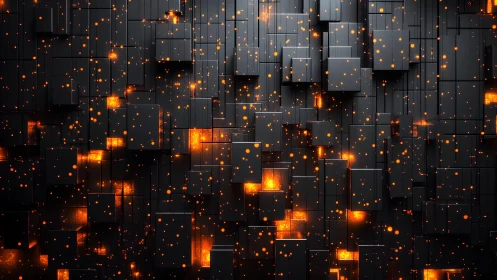 Dark geometric cubes with glowing orange sparks, digital abstract art.