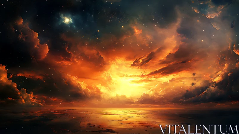 Celestial inferno over reflective ocean rendered in digital chiaroscuro