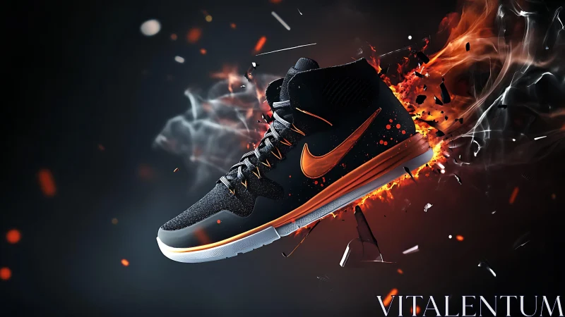Black and orange athletic shoe with dynamic flame effects.