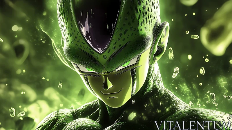 Bioluminescent green bio-android portrait in charged aura field