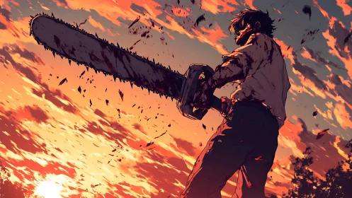 Bloodstained man with chainsaw silhouetted against blazing sunset