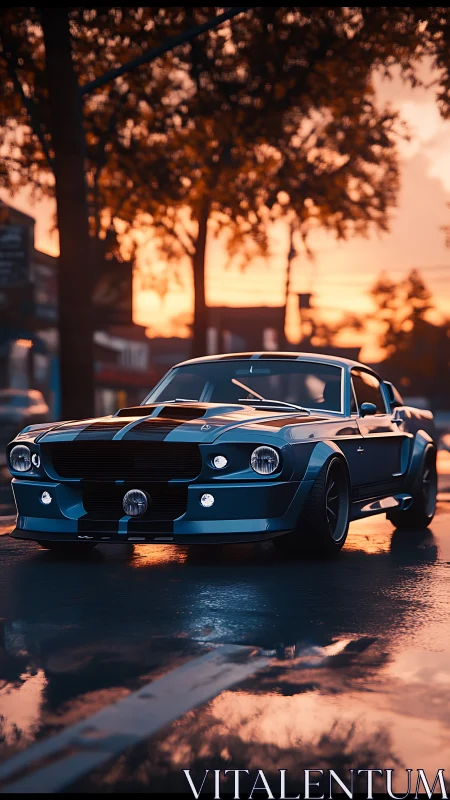 Photorealistic muscle car on wet street at cinematic sunset.