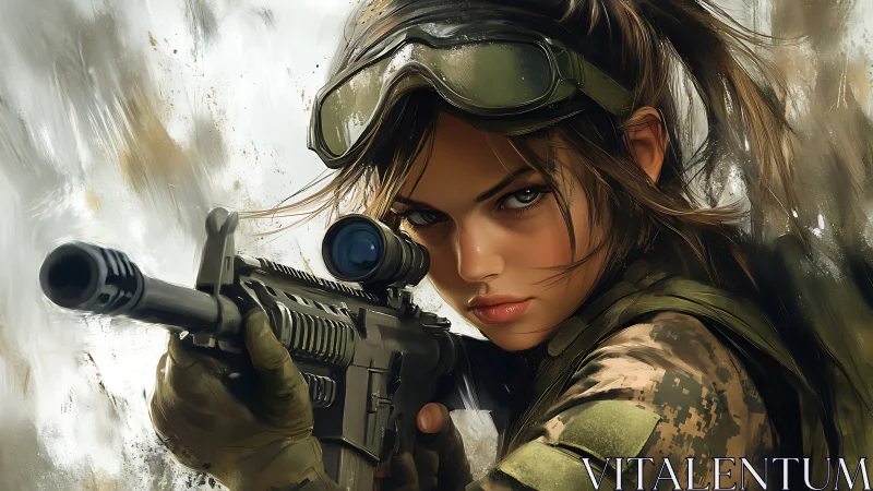 Female soldier aims scoped rifle with intense focus