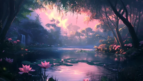 Enchanted lotus pond glows beneath a radiant twilight sky.