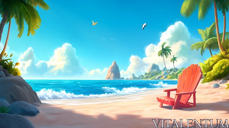 Tropical Paradise Beach Scene: Digital Rendering with Adirondack Chair