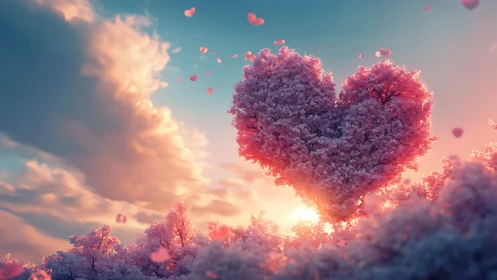 Heart-shaped tree formation floats in pink cloud sunset