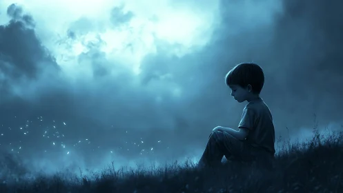 Young boy sitting alone on hill under moody blue night sky.