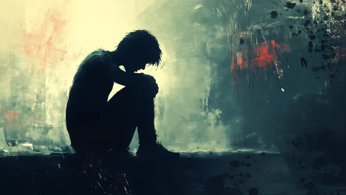 Silhouetted figure sits alone in moody abstract city haze