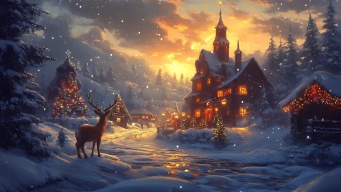 Snow-covered village with deer and illuminated winter houses.