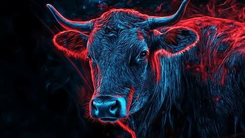 Neon ember bull gazing through electric midnight calm.