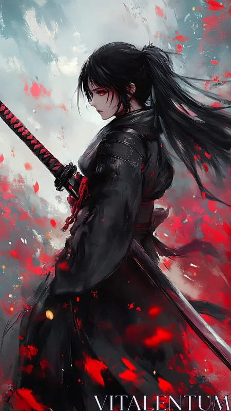 Samurai swordswoman holds katana amid red abstract bursts