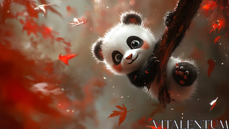 Autumn-lit baby panda on branch in shallow depth of field forest