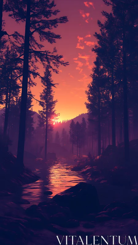 Pine forest river at sunset with silhouetted trees and hills.